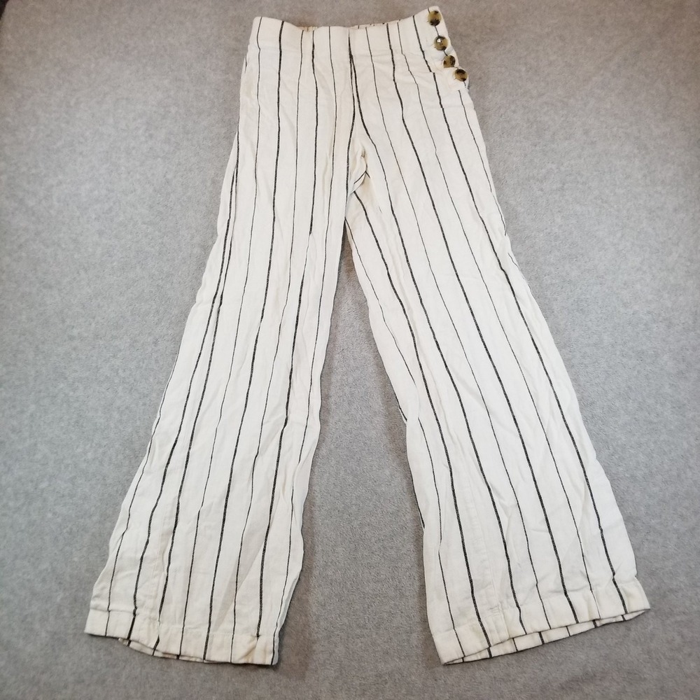 Gap Pants Womens 4 Tall White Black Striped Linen Blend Wide Leg Side Button